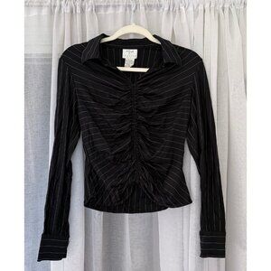 Ice Women’s Black & White Striped Ruched Front Stretchy Top